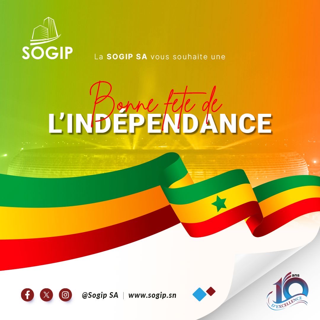 sa_sogip's tweet photo. Bonne fête de l’Indépendance à toutes et à tous. Ensemble, continuons à bâtir un Sénégal moderne et prospère.

#Indépendance
 #SOGIP #Sénégal
#InfrastructuresPubliques
#DameMbodjiOfficiel https://t.co/OkQFhUwQJU