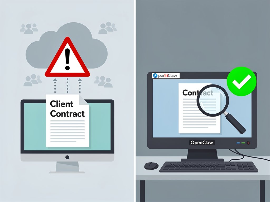 OpenClaw_zone's tweet photo. Uploading sensitive legal docs to a cloud AI? That's a huge risk. OpenClaw analyzes contracts on your machine. Extract clauses, compare versions, and find discrepancies—all while keeping client data 100% private. #OpenClaw #LegalTech #AI #Privacy https://t.co/swONg7429E