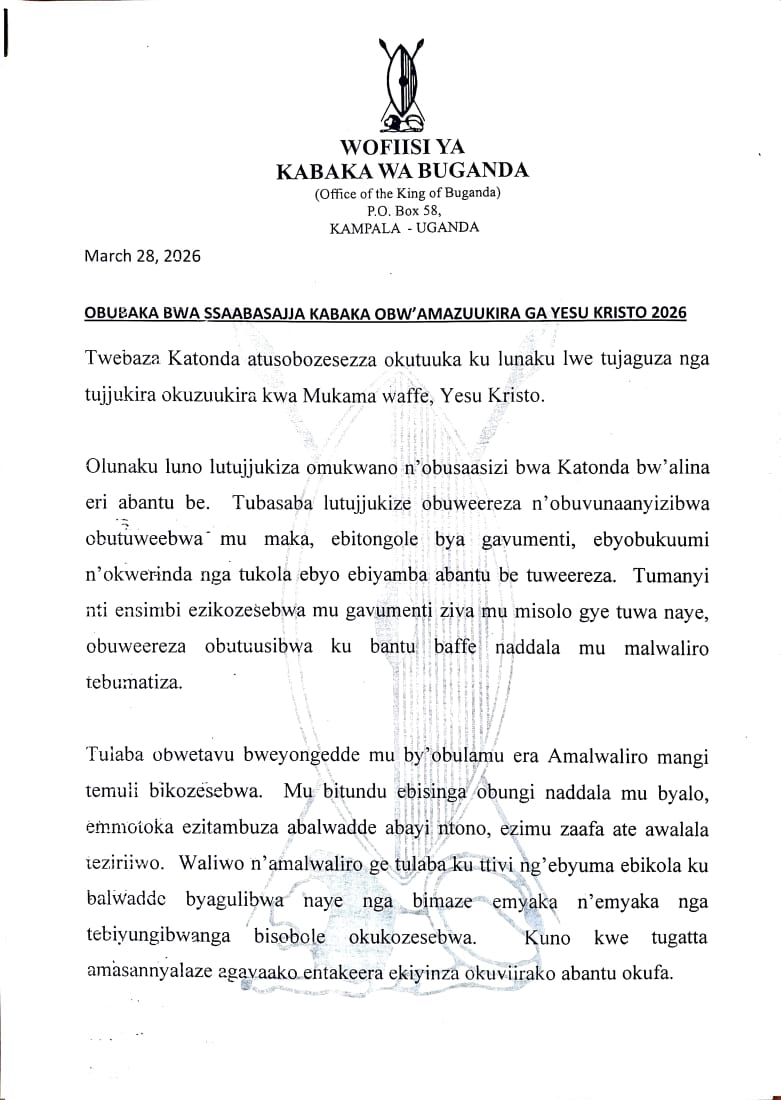 NajibSsekikubo's tweet photo. Nnyinimu Omuteregga Ssebuufubwango Ssaabasajja Kabaka Ronald Frederick Kimera Muwenda Mutebi II, asiimya n'atuweereza obubaka bw'amazuukira ga Kristo. Tusaanye okubwefumiitirizaako ennyo olw'ensi ennungi. Tweyanzizza nnyo Kitaffe!

@TourBugandaUG https://t.co/0mKK9olydI