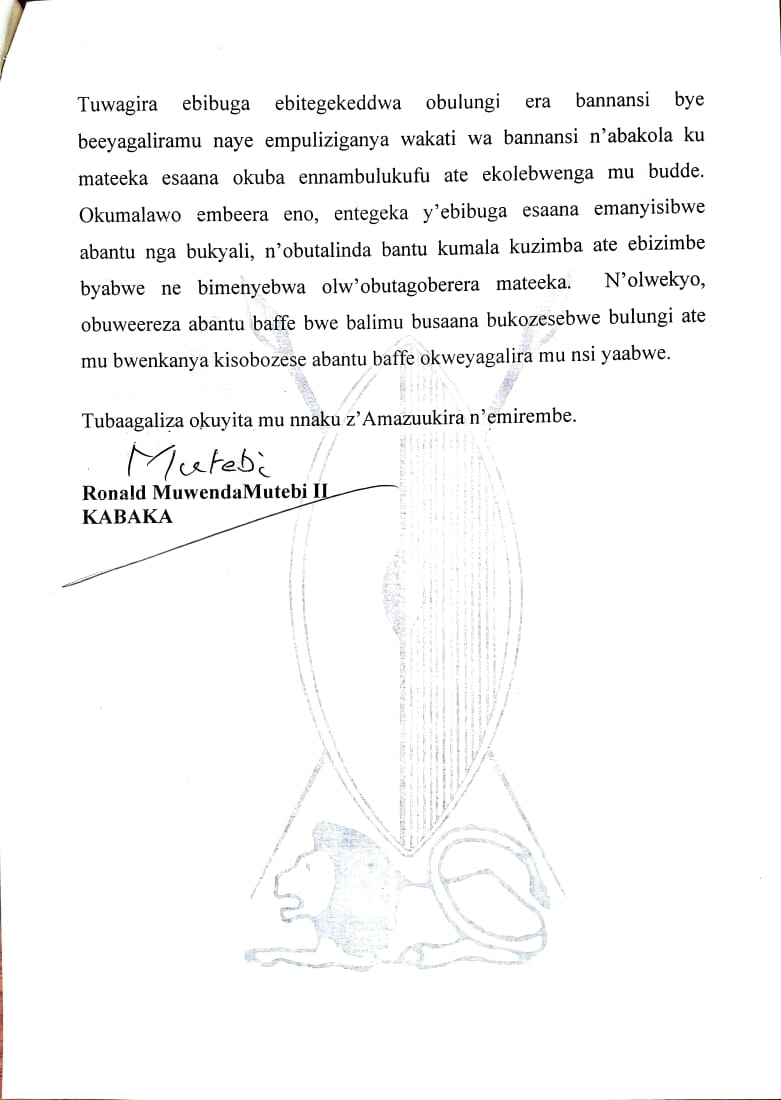 NajibSsekikubo's tweet photo. Nnyinimu Omuteregga Ssebuufubwango Ssaabasajja Kabaka Ronald Frederick Kimera Muwenda Mutebi II, asiimya n'atuweereza obubaka bw'amazuukira ga Kristo. Tusaanye okubwefumiitirizaako ennyo olw'ensi ennungi. Tweyanzizza nnyo Kitaffe!

@TourBugandaUG https://t.co/0mKK9olydI