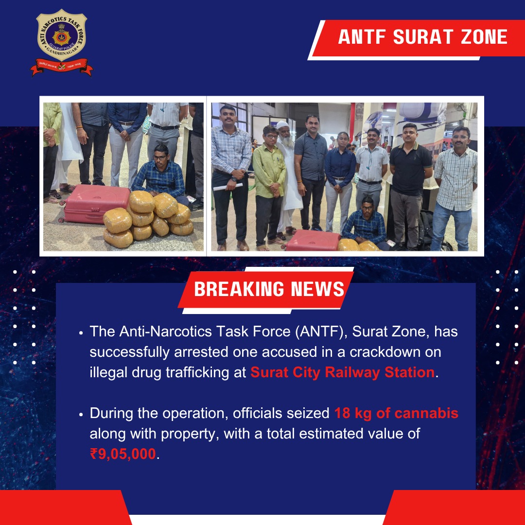 antfgujarat's tweet image. 🚨 Big catch at Surat City Railway Station! 18 kg cannabis seized, 1 accused arrested. Another step towards a drug-free society. 👮‍♂️ #sürat #suratrailwaystation #antfgujarat #gujaratpolice #DrugFreeIndia #saynotodrugs #crimenews