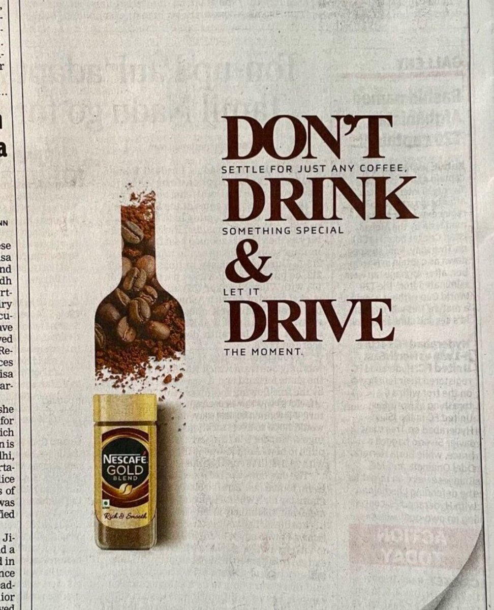 e4mtweets's tweet image. Not your usual coffee ad! 
Nescafé uses clever copy and visuals to turn a print ad into a safety message - choosing coffee over alcohol. 
An example of creativity with purpose.

#creative #advertising #marketing #copywriting #printads #e4m