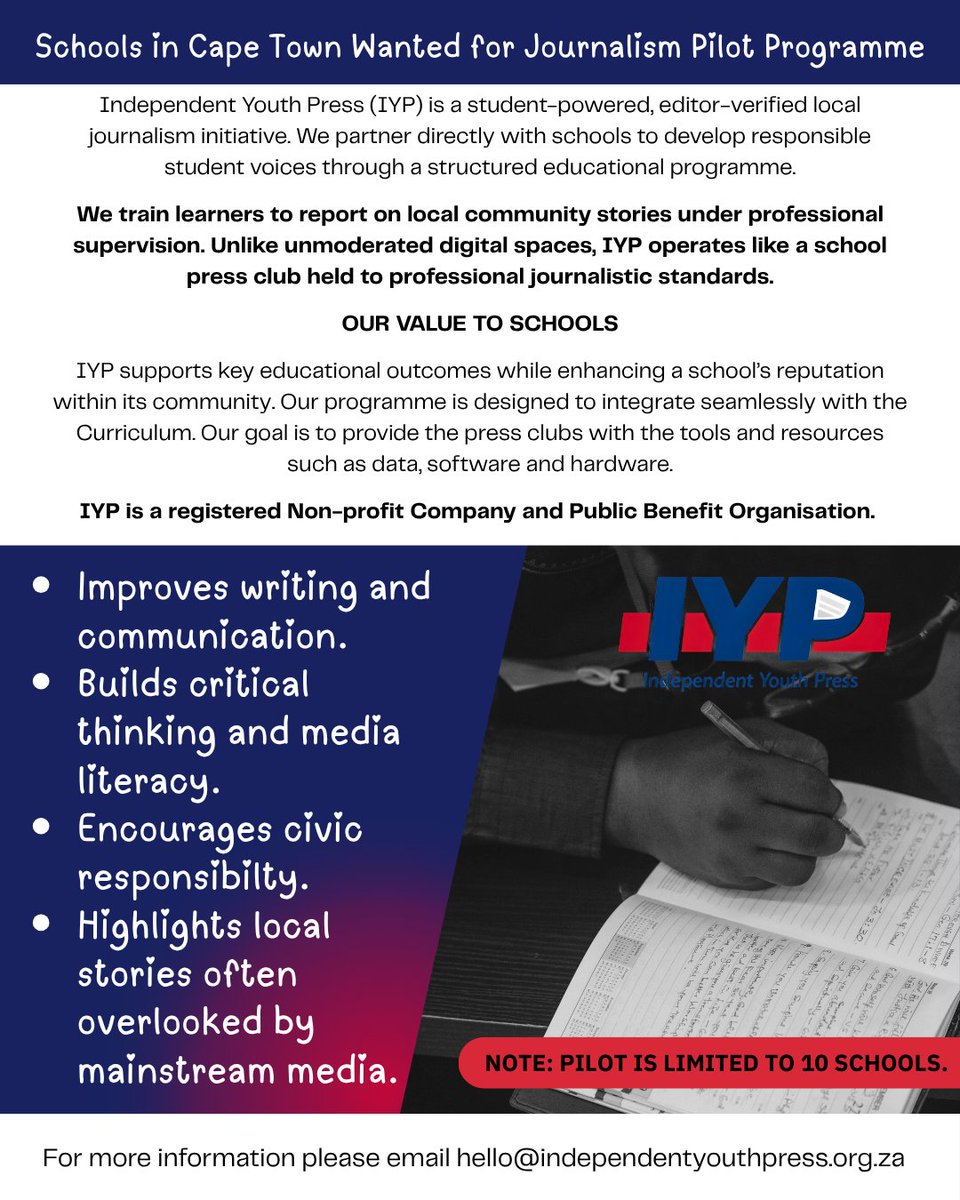 youthpressZA's tweet photo. Our pilot is open, and we are in the process of onboarding schools. Please reach out, we will keep all schools on our list and contact you as we roll out the programme.

#youthpress #YouthSwagger #signup #southafricaschools https://t.co/EkGzjfu2IV
