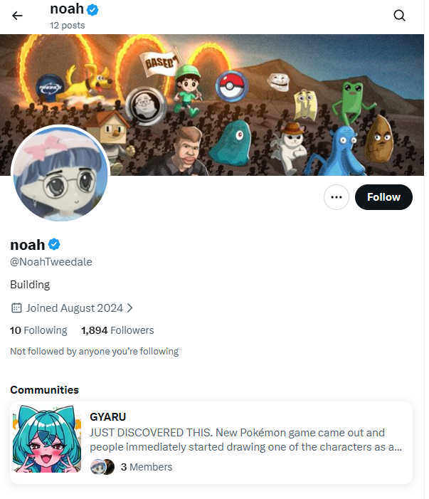 Pumpoo_'s tweet photo. I genuinely have found something massive.

Okay, so pumpfun is run by three people Alon (COO), Dylan Kerler (CTO) and the CEO is @NoahTweedale 

I was looking on Noah Tweedale's X account and I found this community pinned on his profile called 'GYARU'.

There is literally two people and Noah THE CEO OF FUCKING pumpfun is one of them. 

At first, I thought 'Well anyone can add anyone to a community right?'

That is true.

BUT... You can not pin a community to someone else's profile.

He had to have done that himself.

Listen, we have potentially a massive narrative on our hands here, but we all need to join and start bull posting this CA together and run it like its his actual coin.

Look its his real profile:

His X- https://t.co/HH0cYiANAg

Proof its his X : https://t.co/UqfBUW33Vu

The community: https://t.co/6J9MTDXuHs

Know your meme: https://t.co/px9tQFKIIq

EVERYONE JOIN THE COMMUNITY AND POST THE CA, THIS IS THE CEO OF PUMPFUN!!!

DO YOU SEE THE POTENTIAL WE HAVE HERE?