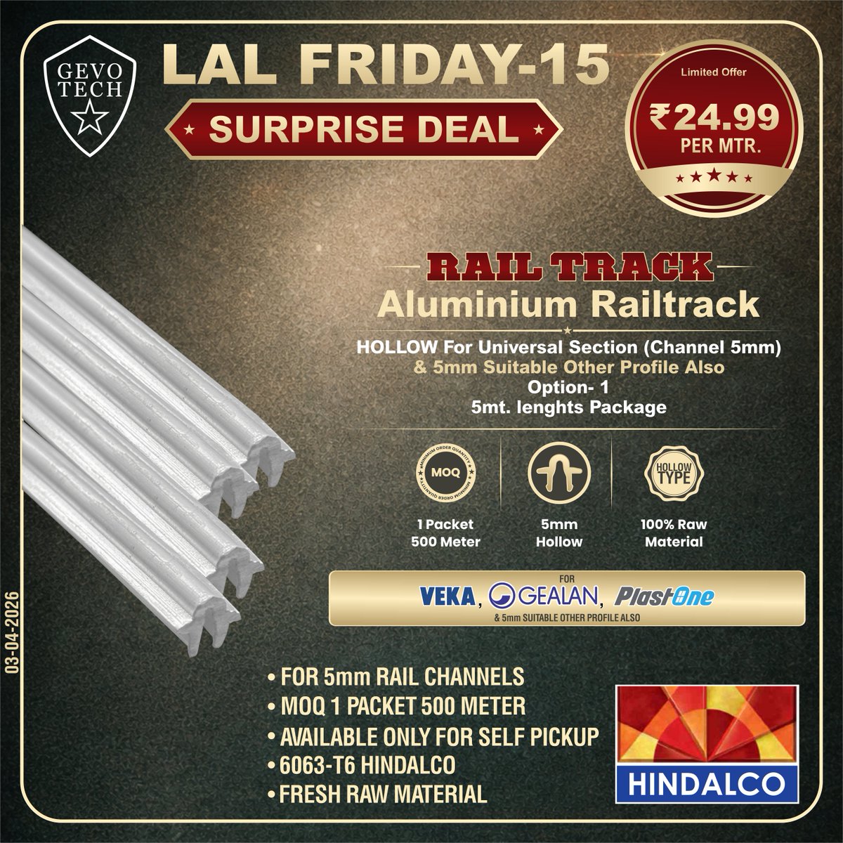 DOCTORWINDOW_IN's tweet image. GEVO TECH ALUMINIUM RAILTRACK HOLLOW FOR UNIVERSAL SECTION- (CHANNEL 5mm)

#doctorwindow #soulofwindows #hardware #hardwareaccessories #door #window #aluminiumrailtrack #aluminiumproduct #railtrack