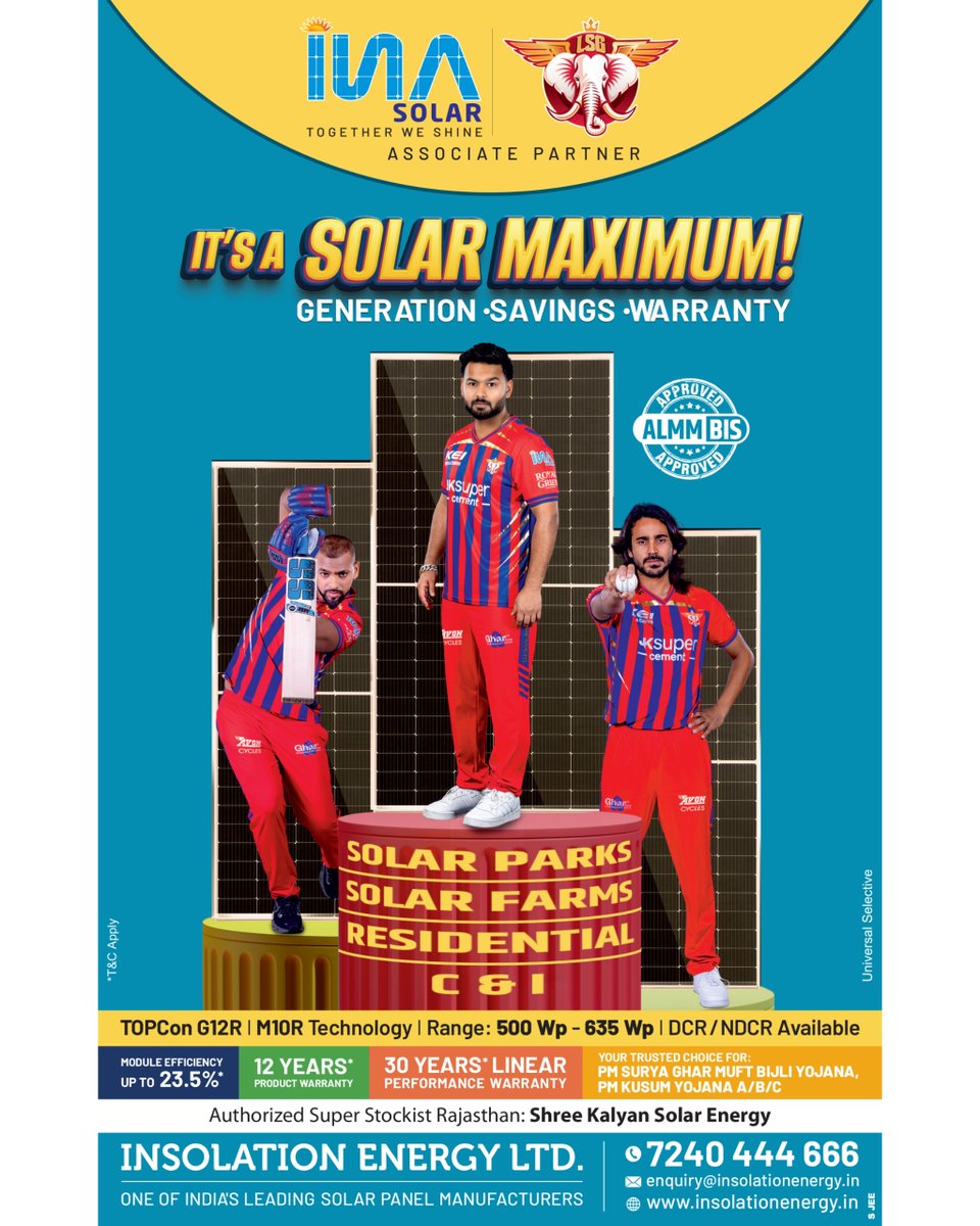 insolationenrgy's tweet photo. It’s a Solar Maximum!
Maximum generation. Maximum savings. Maximum warranty.
Powered by INA Solar with advanced #TOPContechnology for long-term performance.

For #Residential • #Commercial • #Industrial • #SolarParks

📞 7240 444 666
Featured in leading newspapers.

#INASolar https://t.co/BgmNk9afmA