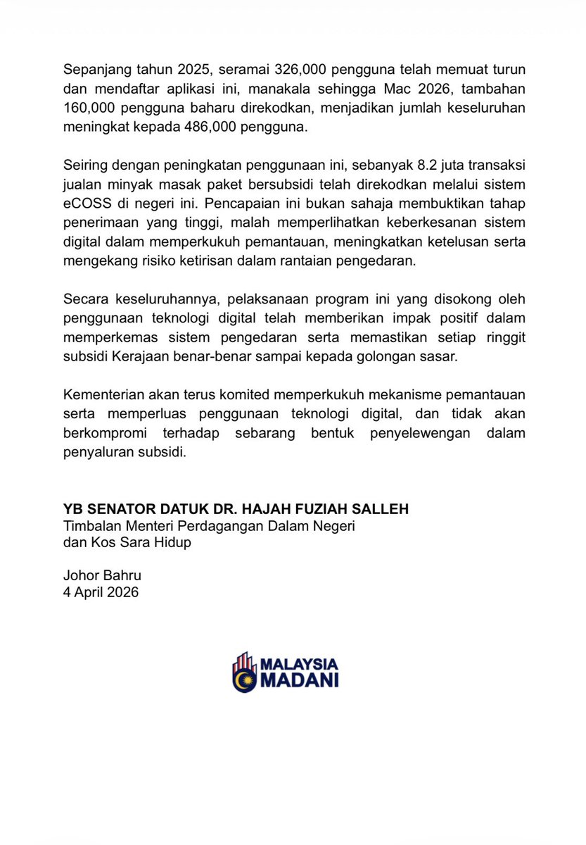 KPDN_HQ's tweet photo. [KENYATAAN MEDIA]

PROGRAM MINYAK MASAK BERSUBSIDI DIPERKASA MELALUI eCOSS, PASTIKAN AGIHAN LEBIH TELUS DAN BERSASAR

JOHOR BAHRU | 4 April 2026 | Sabtu

#KPDN
#KPDNKITA
#MalaysiaMADANI
#eCOSS https://t.co/3SVVdHkNyr