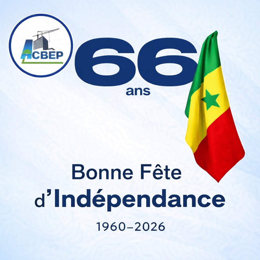 acbep2022's tweet photo. Bonne fête de l’Indépendance à tout le peuple sénégalais.

En ce 4 avril 2026, ACBEP s’associe à la célébration du 66e anniversaire de l’accession du Sénégal à la souveraineté internationale.

Vive l’Indépendance !
Vive le Sénégal ! https://t.co/TbiafwjzW1
