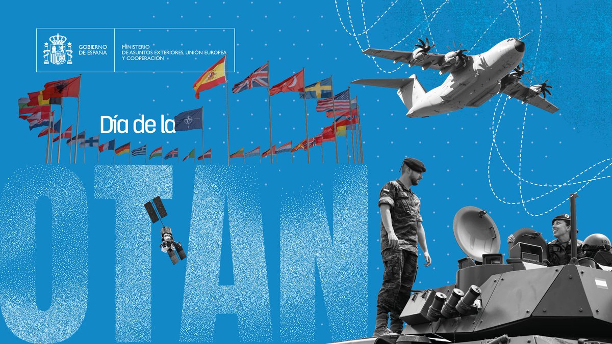 SpainMFA's tweet photo. Today we celebrate #NATODay. 
 
Spain remains steadfast in its support for @NATO, working alongside its Allies to uphold Euro-Atlantic security and the defence of all citizens. https://t.co/iLCqUrqDhE