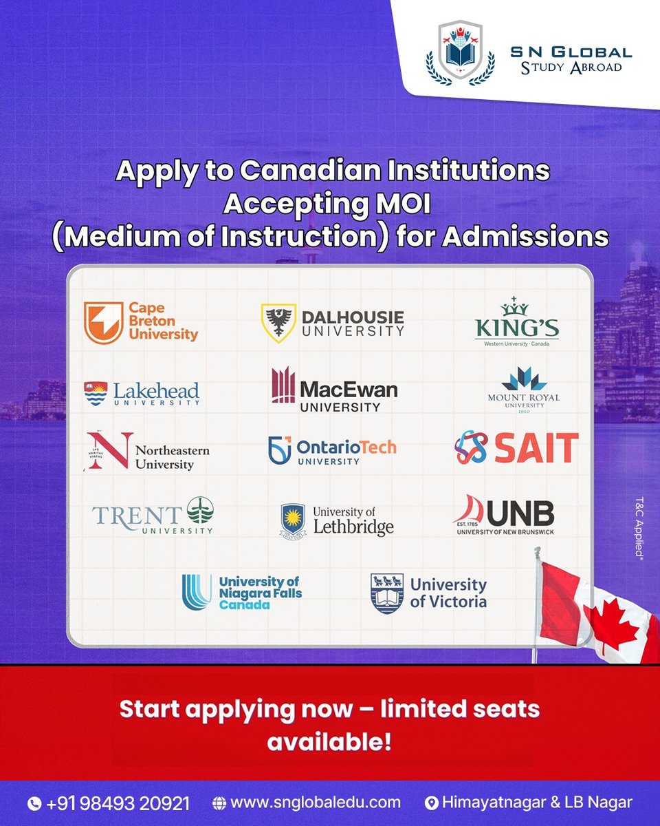 SNGlobaledu's tweet photo. 🇨🇦 Study in Canada Without IELTS!

Dreaming of studying in Canada? Now apply to top Canadian universities that accept MOI (Medium of Instruction) and start your journey with ease!

#StudyInCanada #MOIAdmissions #CanadaEducation #StudyAbroad https://t.co/T7VzhzleZu