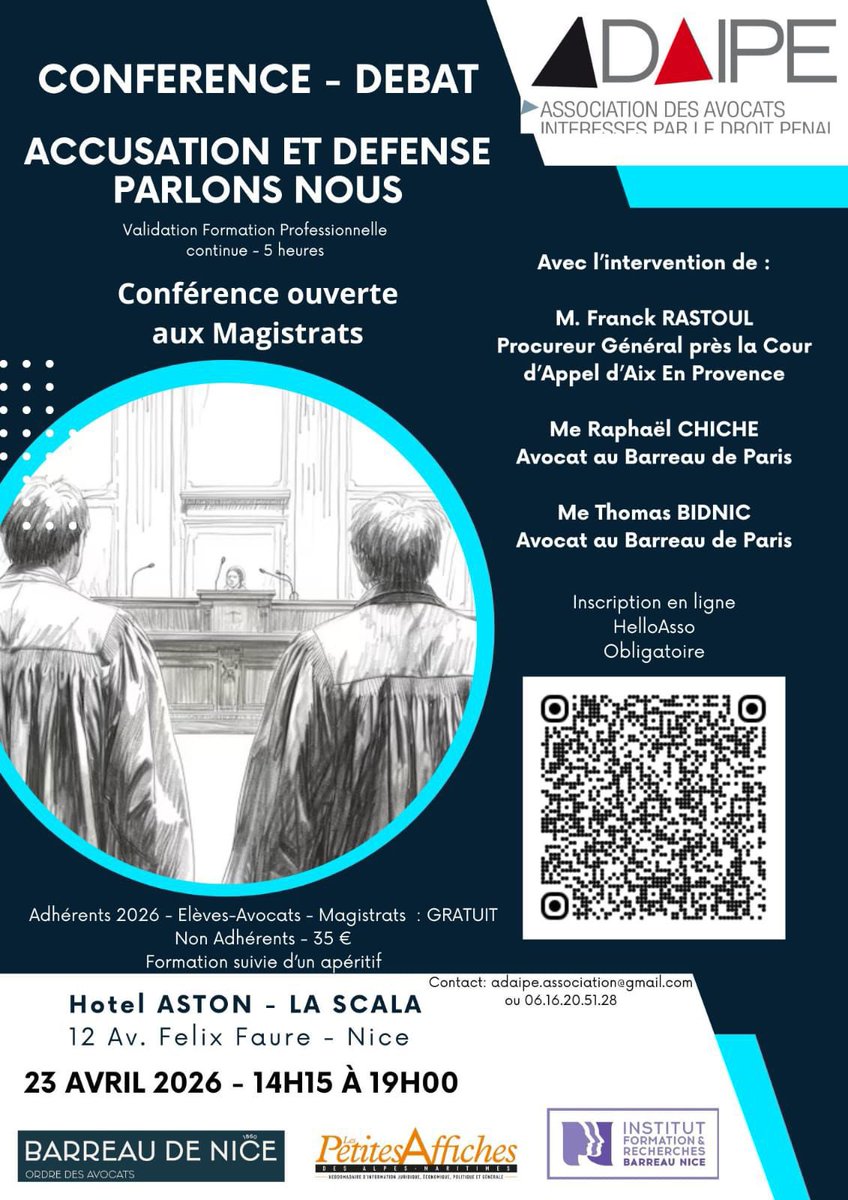 Colloque à l <a href="/ADAIPE2/">ADAIPE</a> 
<a href="/rchicheavocat/">Raphael Chiche</a> <a href="/BidnicThomas/">Bidnic Thomas</a> 
Mr le PG d Aix 
Accusation défense: parlons nous.
Visio conférence possible!