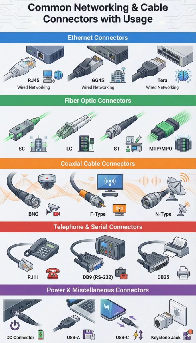 Common networking & cable connectors with usage.