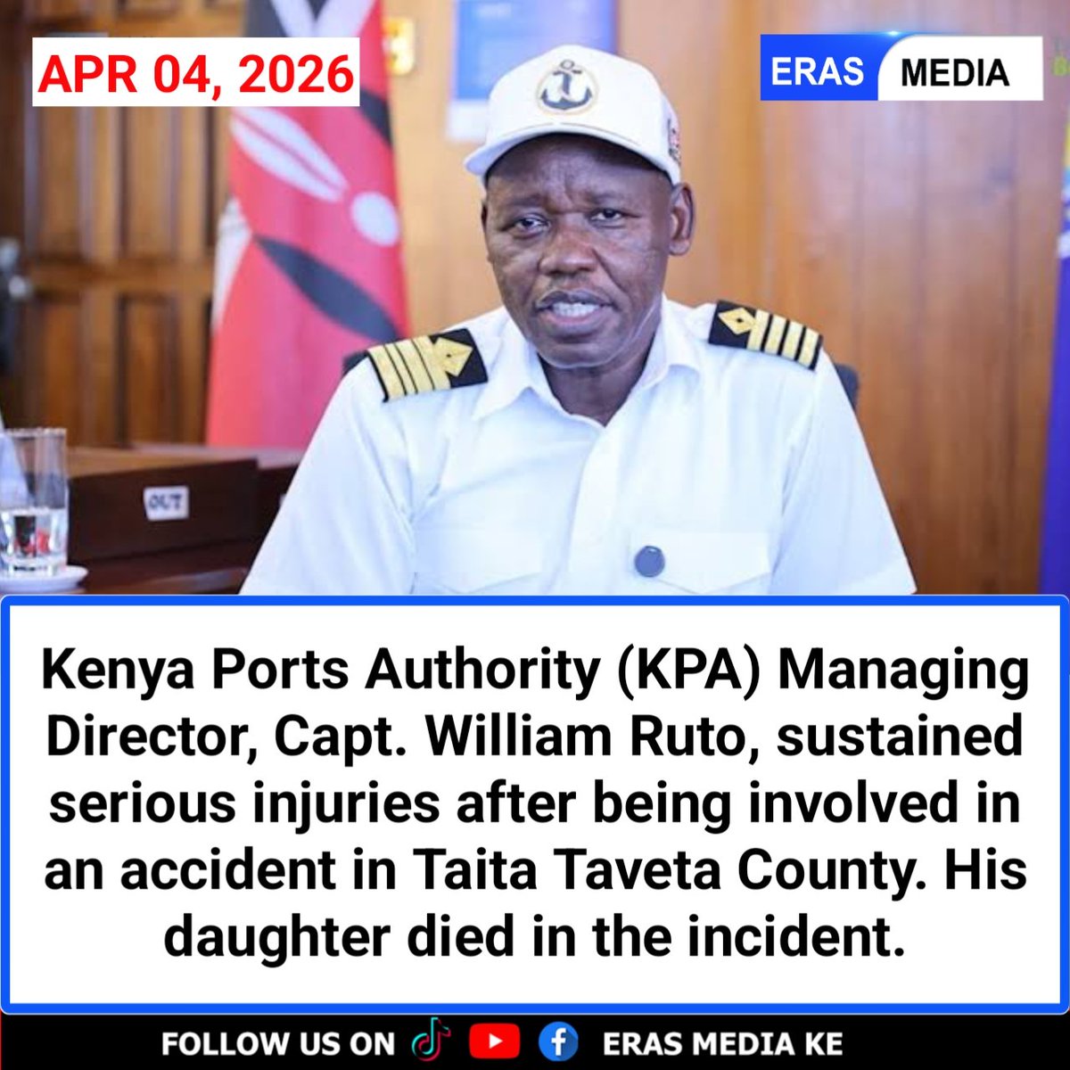 ErastusKithuku's tweet photo. Kenya Ports Authority (KPA) Managing Director, Captain William Ruto, has been hospitalised following a road accident that killed his daughter in Taita Taveta County. https://t.co/zWan1VCASq