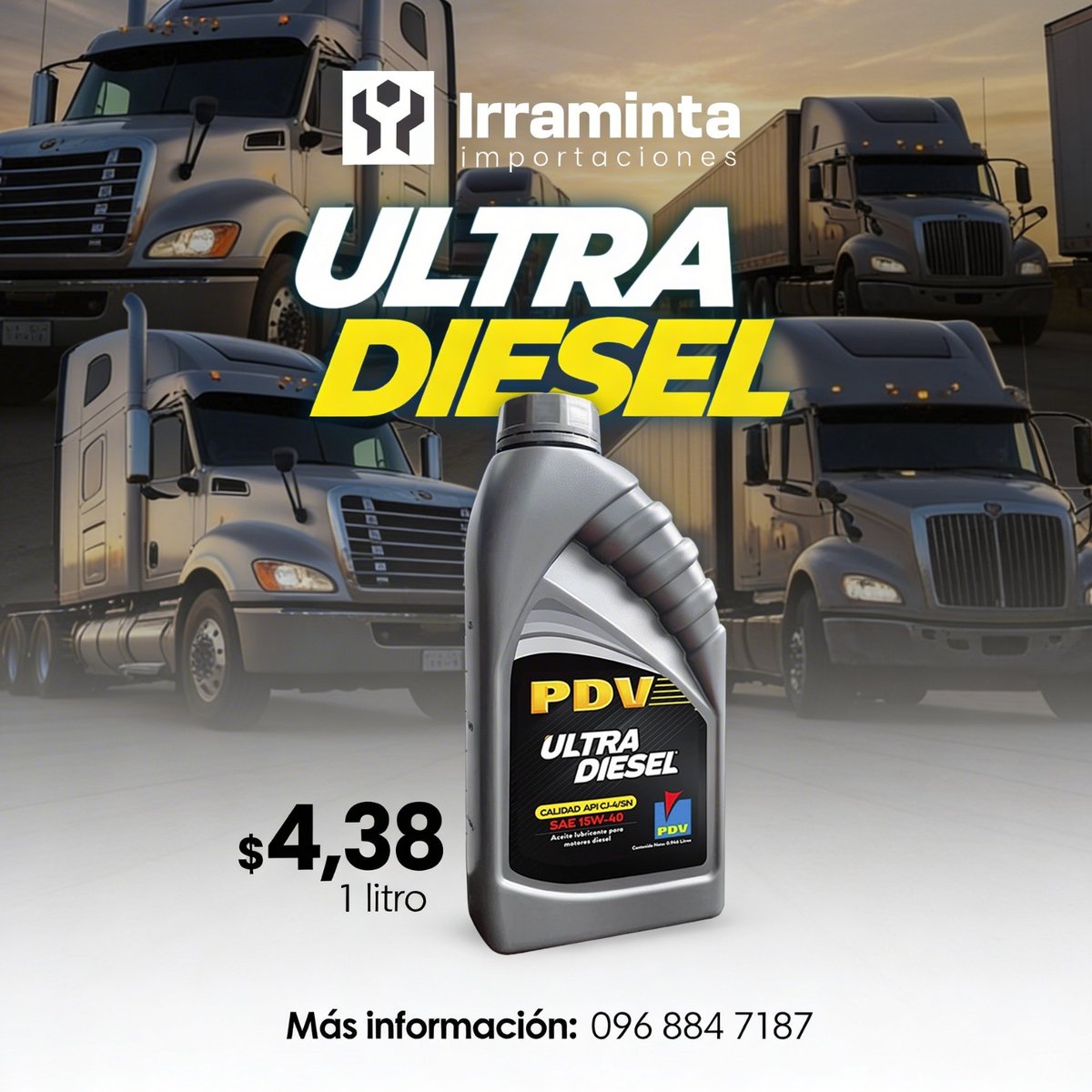 No te detengas por falta de lubricación. Con el Ultra Diesel SAE 15W-40 de PDV, aseguras una protección superior contra el desgaste, manteniendo la potencia de tus camiones en cada kilómetro.

💰 Solo $4,38 el litro.

#Irraminta #UltraDiesel #LubricantesEcuador
