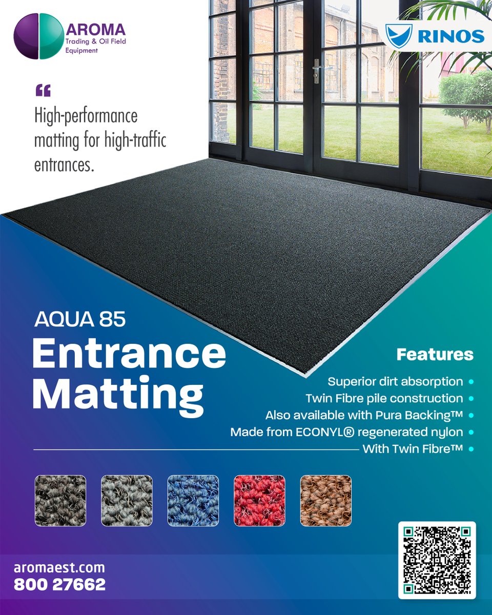 AromaEst's tweet photo. Dirt, moisture &amp; grime make a trail 🚪💦—but RINOS Aqua 85 Entrance Mats stop the mess before it spreads. 🧹✨ High absorption, durable, and perfect for busy areas. 

Book yours today! 

📞 80027662 | ✉️ info@aromaest.com | 🌐 https://t.co/DsYkc5uY3K https://t.co/vOeYwcFKL0