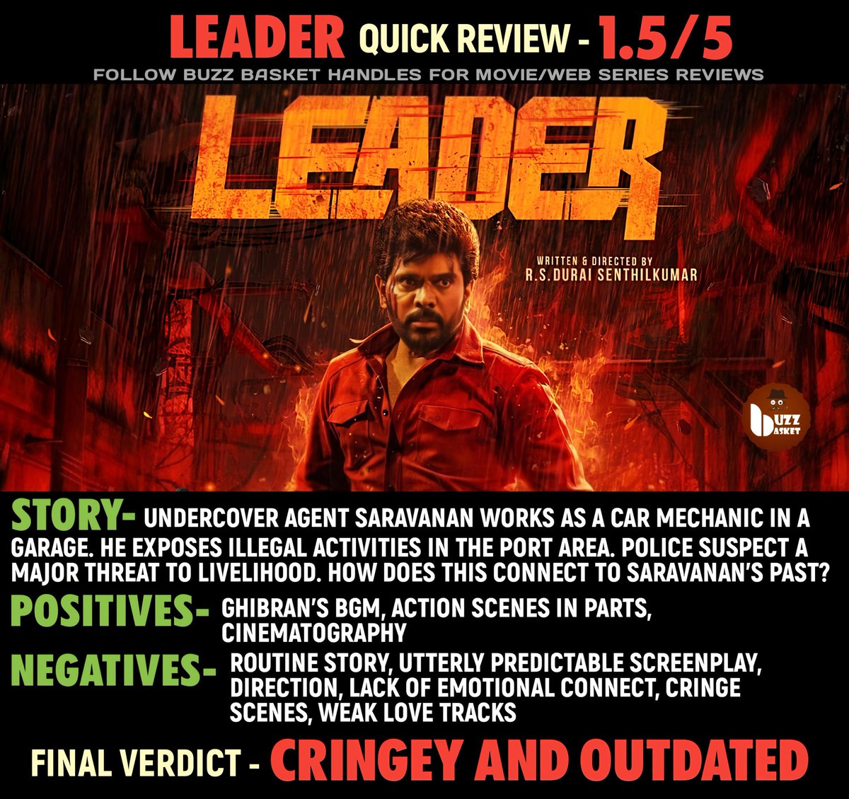BuzZBasketOffl's tweet photo. #Leader Review: "Cringey and Outdated" - 1.5/5
#LegendSaravanan #LeaderReview #LeaderTamil #BuzzBasketReviews https://t.co/7LIpKsveQe