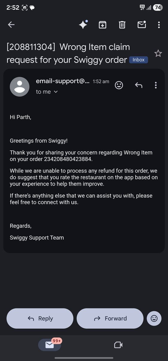 parthm1's tweet photo. @Swiggy , @SwiggyCares In what world or by which laws do you guys think delivering the wrong product and not refunding the user is ok? 
Asking user to return a product at 1.30 am is ok but refunding the same user is not?
Y'all don't deserve honest users. https://t.co/7Hxa6Rexvc
