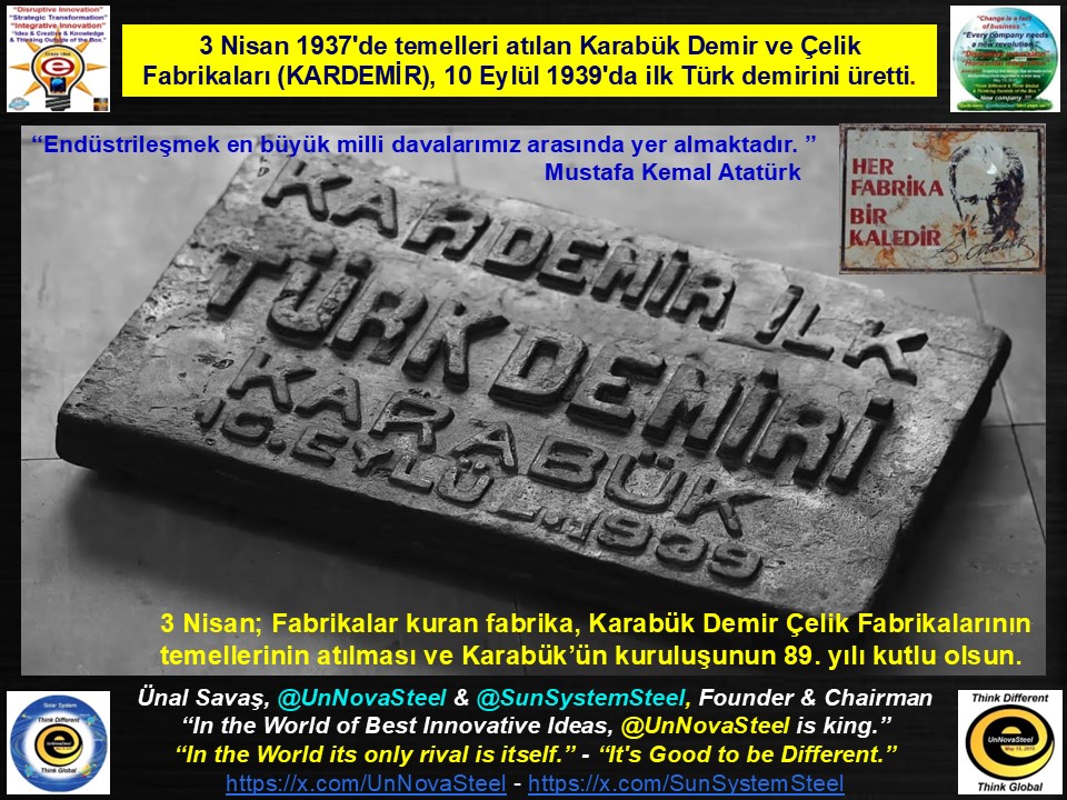 "Endüstrileşmek en büyük milli davalarımız arasında yer almaktadır." - #MustafaKemalATATÜRK

#3Nisan; Fabrikalar kuran fabrika, Karabük Demir Çelik Fabrikalarının (#KARDEMİR) temellerinin atılması ve #Karabük’ün kuruluşunun 89. yılı kutlu olsun.

#KARDEMİR89Yaşında #Steel
