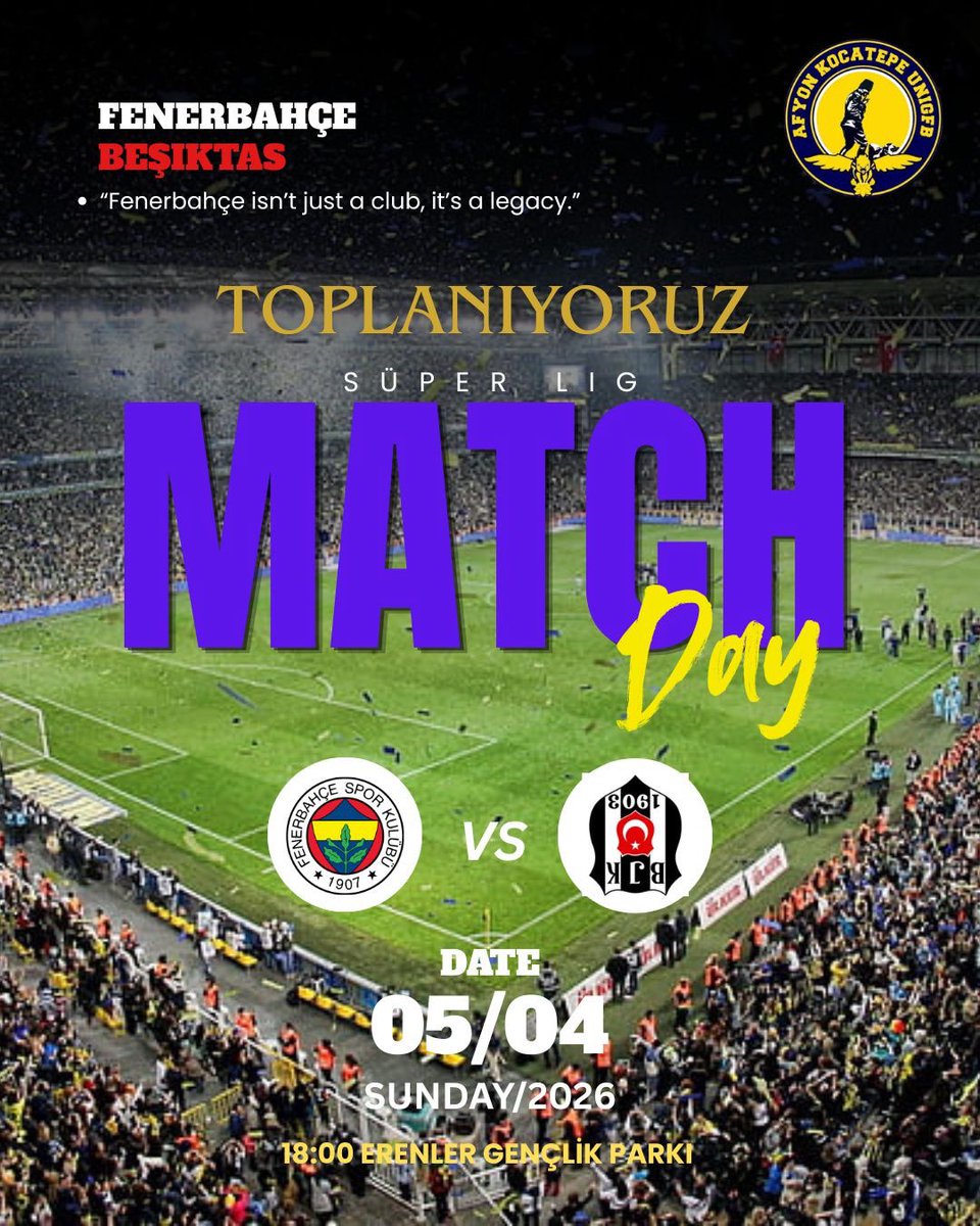 DERBİ GÜNÜ 🔥

Fenerbahçemizin Beşiktaş maçı öncesi toplanıyoruz.

📅 05.04.2026  
🕕 Toplanma: 18:00  
🕗 Maç: 20:00  

📍 Erenler Gençlik Parkı  

Herkes yerini alsın, bugün tek yürek ⚡