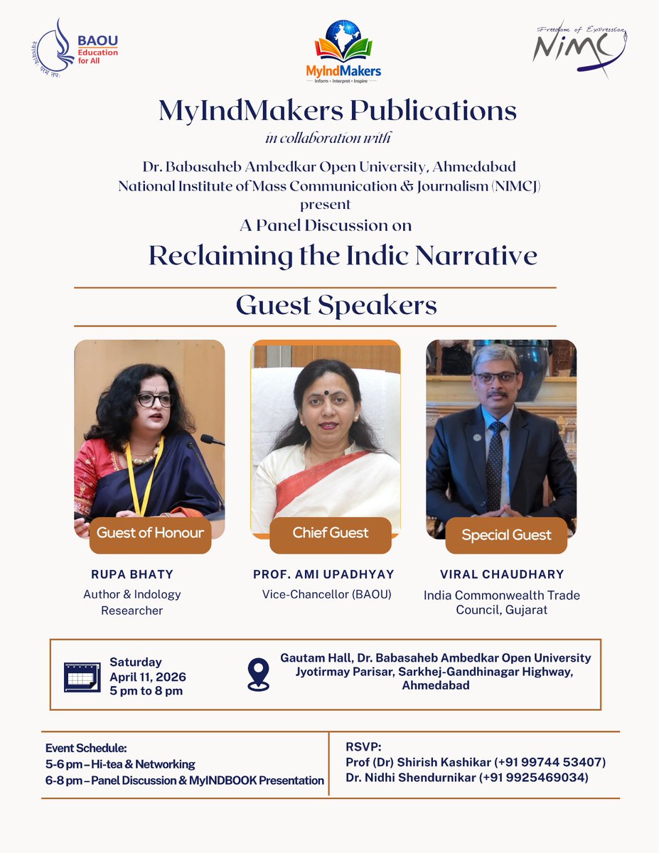 journogujarati's tweet photo. MyIndMakers in collaboration with @BAOUGujarat and @NimcjOfficial has organised a panel discussion on "Reclaiming the Indic Narrative"on 11th April. There will be a soft launch of MyIndBook2026 also. No registration required,simply RSVP me.See u there.. https://t.co/r86Rf0I5ie