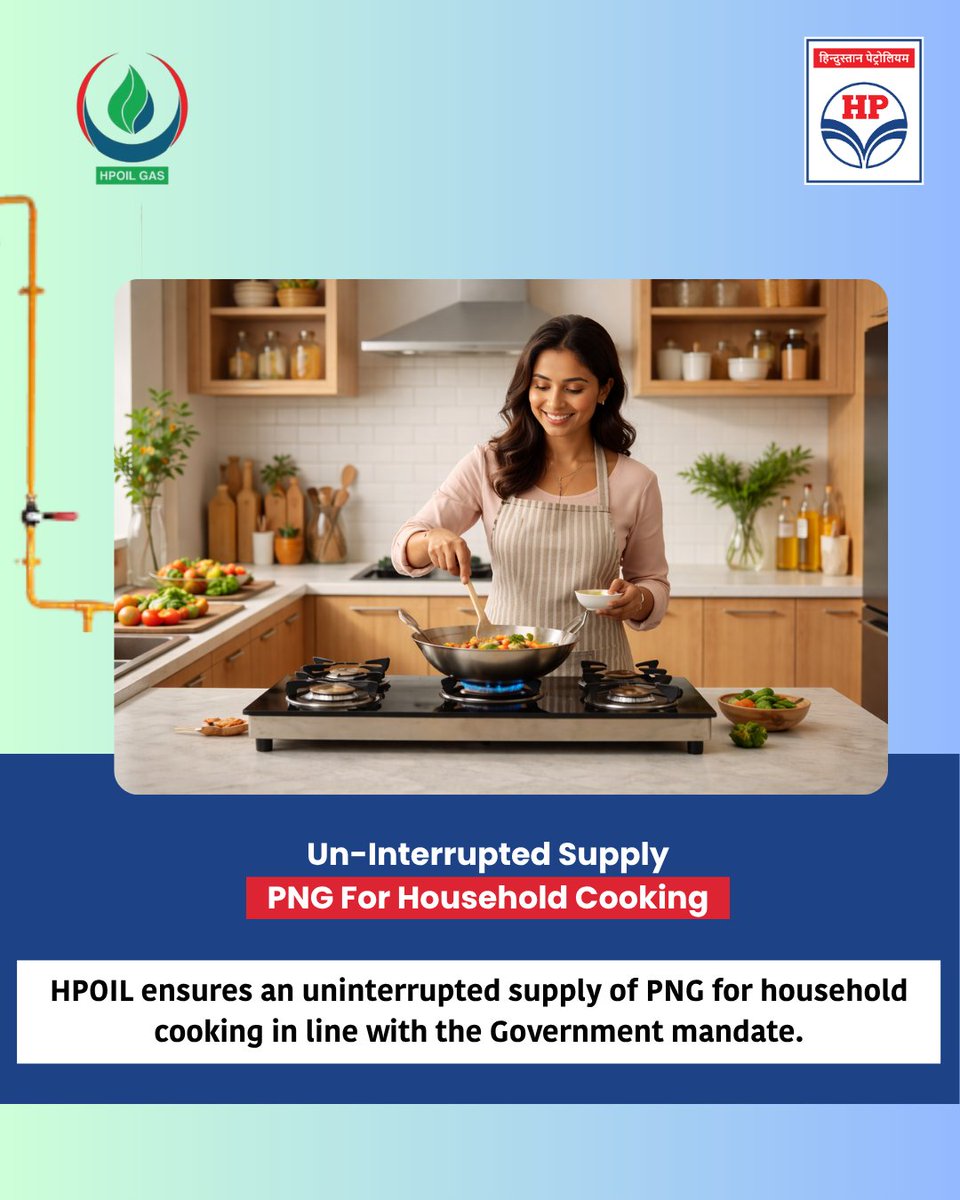 HPCL's tweet photo. HPOIL ensures an uninterrupted supply of PNG for household cooking in line with the Government mandate.

PNG connections are readily available, hassle-free, and cost-effective. HPOIL encourages customers to transition from LPG to PNG for a more convenient and efficient cooking experience—feel the ease of PNG cooking.

Citizens of Ambala and Kurukshetra can avail immediate PNG connections and be part of a cleaner, greener future.

CRM numbers for immediate assistance:
Ambala: 01712988999
Kurukshetra: 01744221999
Kolhapur: 9422011021/7028722828
#CleanEnergy  #PNG #EnergyForAll #GreenFuel
@HardeepSPuri
@TheSureshGopi
@PetroleumMin
@neerajmittalias
