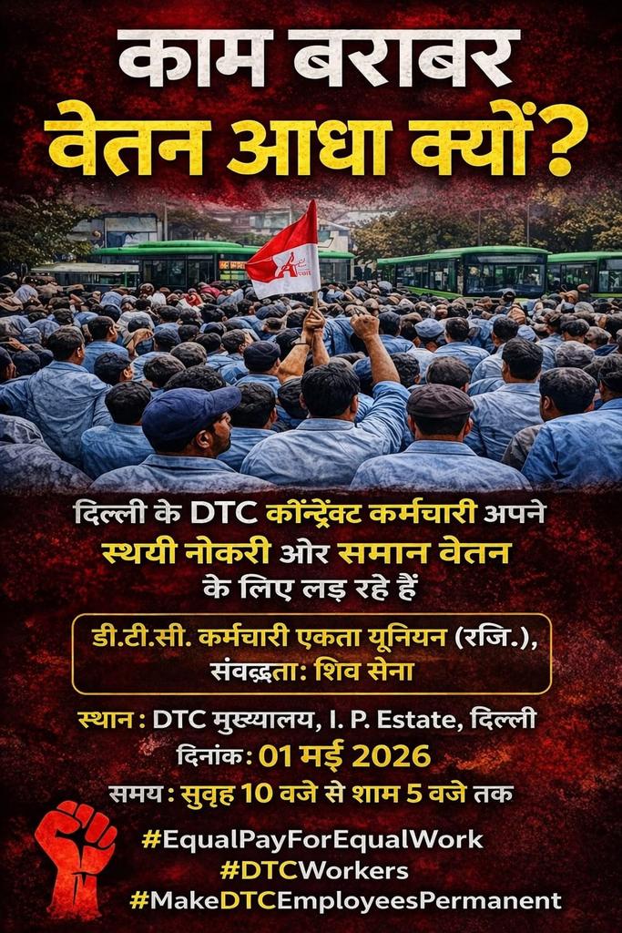 <a href="/dtc_union/">DTC कर्मचारी एकता यूनियन(रजि.)</a> <a href="/AbhishekVermaX/">Dr. Abhishek Verma</a> <a href="/gupta_rekha/">Rekha Gupta</a> <a href="/Shivsenaofc/">Shivsena - शिवसेना</a> <a href="/mieknathshinde/">Eknath Shinde - एकनाथ शिंदे</a> <a href="/DrSEShinde/">Dr Shrikant Lata Eknath Shinde</a> <a href="/SandeepC10385/">Sandeep Chaudhary</a> <a href="/dtchq_delhi/">Delhi Transport Corporation</a> <a href="/ANI/">ANI</a> #DTCprotest_1may2026
➡️ डी.टी.सी कर्मचारी एकता यूनियन संबद्ध शिव सेना 01/05/2026 को मजदूर दिवस पर डीटीसी कॉन्ट्रैक्ट कर्मचारी की मांगों को लेकर DTC Head Quarter IP पर विशाल धरना प्रदर्शन करेंगे,💐
<a href="/AbhishekVermaX/">Dr. Abhishek Verma</a> <a href="/gupta_rekha/">Rekha Gupta</a> <a href="/Shivsenaofc/">Shivsena - शिवसेना</a> <a href="/mieknathshinde/">Eknath Shinde - एकनाथ शिंदे</a>   <a href="/dtchq_delhi/">Delhi Transport Corporation</a> <a href="/ANI/">ANI</a> @BJP4