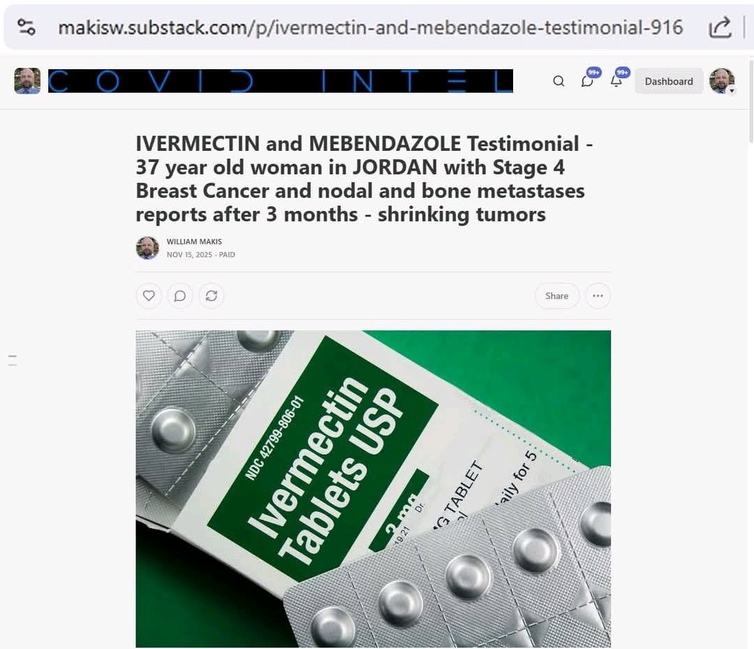 lodi_d30253's tweet photo. NEW ARTICLE: IVERMECTIN and MEBENDAZOLE Testimonial - 37 year old woman in JORDAN with Stage 4 Breast Cancer and nodal and bone metastases reports after 3 months - shrinking tumors

Exciting story from Amman, Jordan! 😃 https://t.co/C3mJU9DKnC