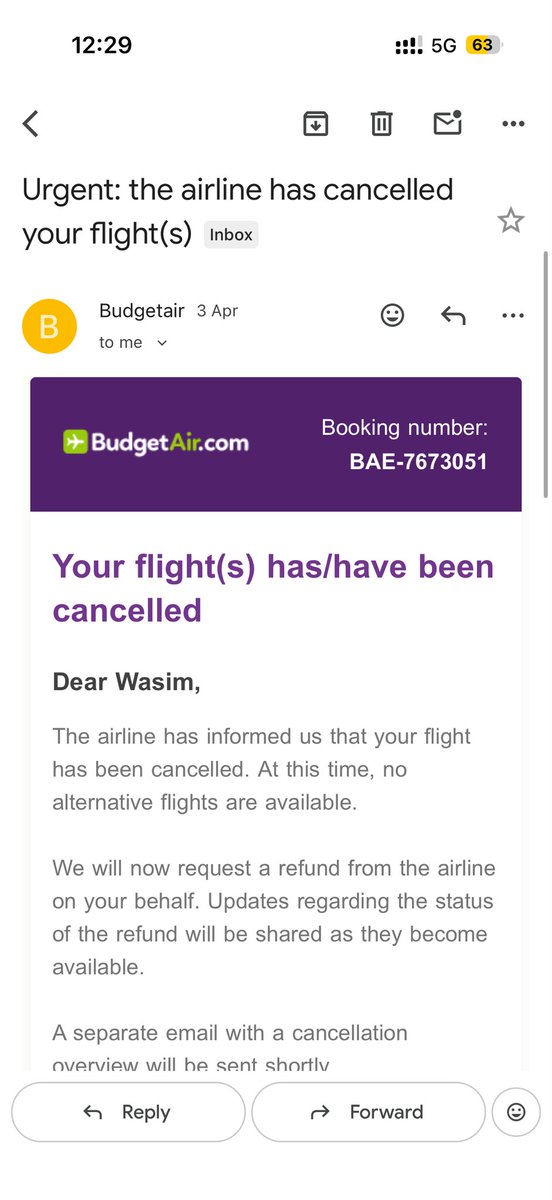 hello_Wasimm's tweet photo. My travel agent just email me that my airline ticket has been cancelled without any reason or prior notice. No explanation, no rebooking, no apology. This is absolutely unacceptable. 
Refer to attached email and ticket info
PNR: BF9H53

@airindia
@AirIndiaX 
 #FlightCancelled https://t.co/WkkynbYPyN