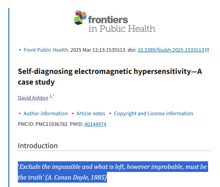 75Alcaide's tweet image. The industry is so well protected and the WHO at the top protects them all too (as always).
A researcher in UK felt the need to register his own #EMS self-diagnose.
Case Study: "Self-diagnosing electromagnetic hypersensitivity—A case study"
#EMF #Radiation
pmc.ncbi.nlm.nih.gov/articles/PMC11…