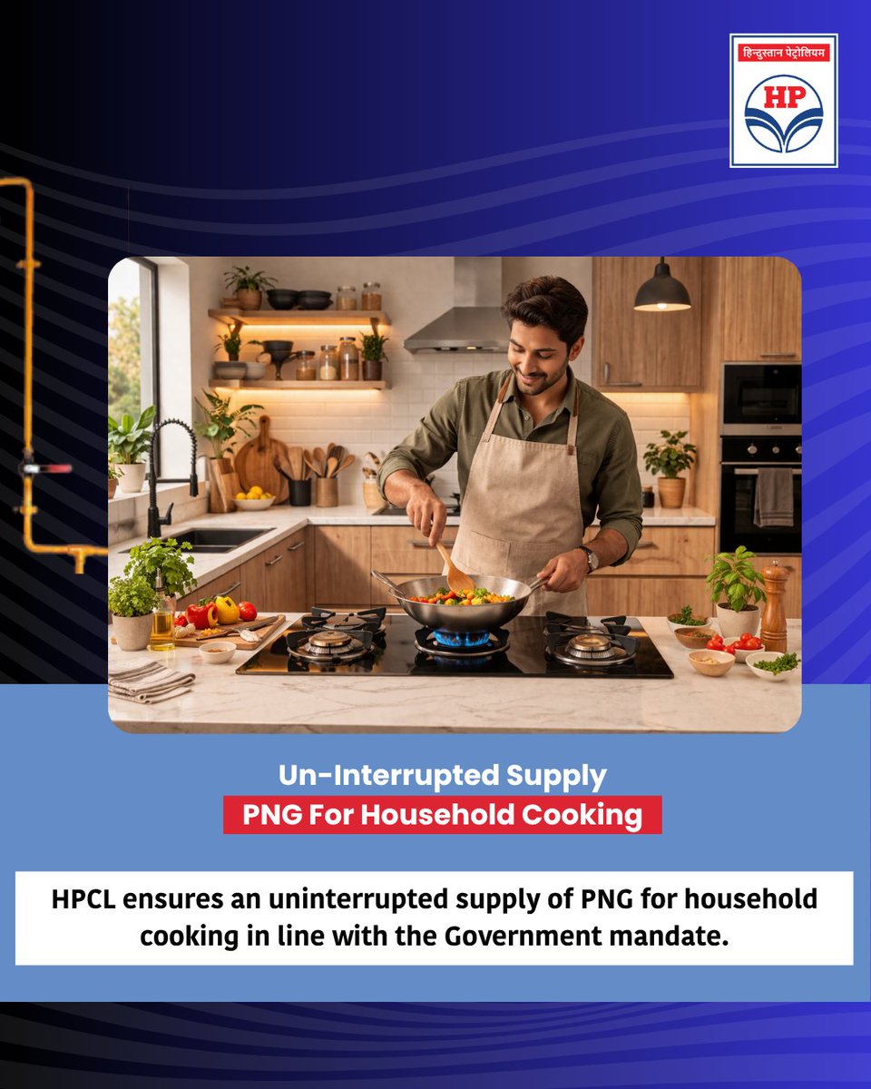 HPCL's tweet photo. HPCL ensures an uninterrupted supply of PNG for household cooking in line with the Government mandate.

PNG connections are readily available, hassle-free, and cost-effective. HPCL encourages customers to transition from LPG to PNG for a more convenient and efficient cooking experience—feel the ease of PNG cooking.

Citizens of East Cluster (Bihar, Jharkhand, and West Bengal GAs), North-Central Cluster (UP and Uttarakhand GAs), North Cluster (Haryana and Rajasthan GAs) can avail immediate PNG connections and be part of a cleaner, greener future.

#CleanEnergy  #PNG #EnergyForAll #GreenFuel
@HardeepSPuri
@TheSureshGopi
@PetroleumMin
@neerajmittalias