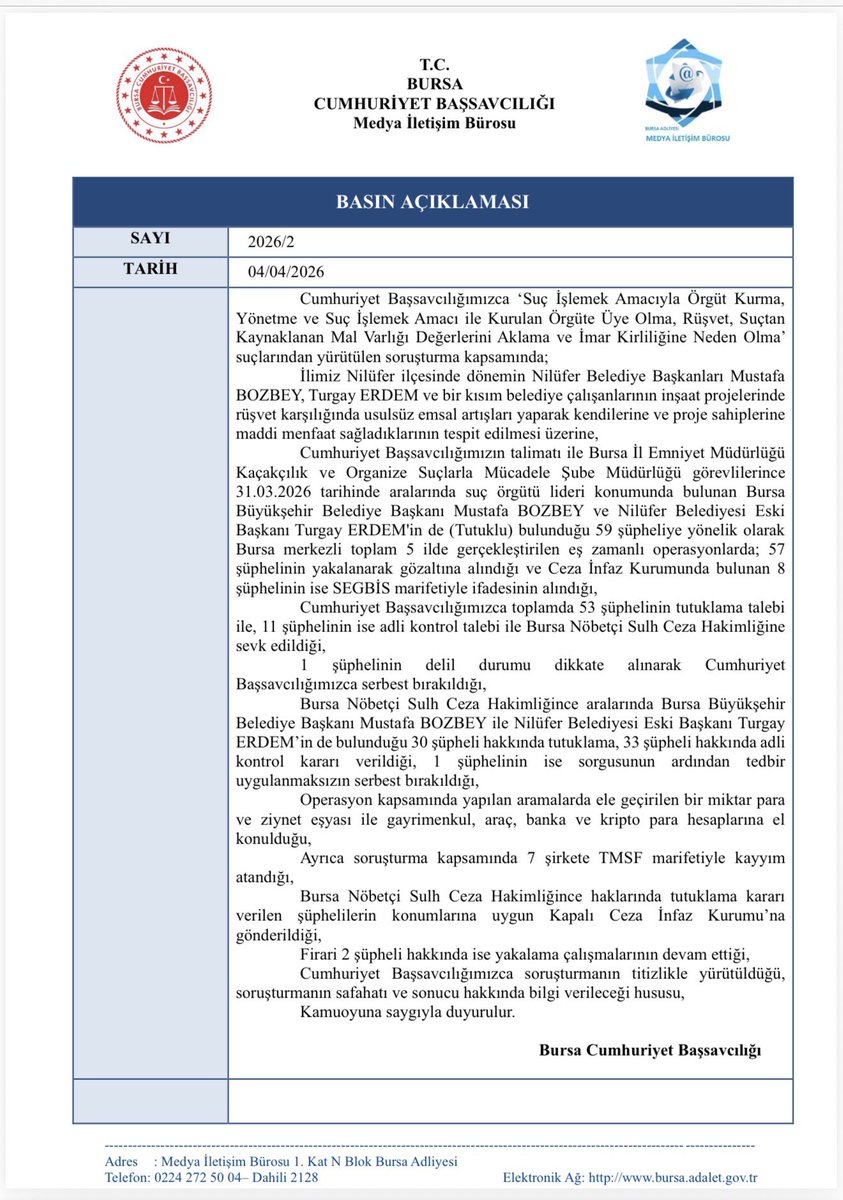 Bursa Cumhuriyet Başsavcılığı’nın açıklamasıdır.