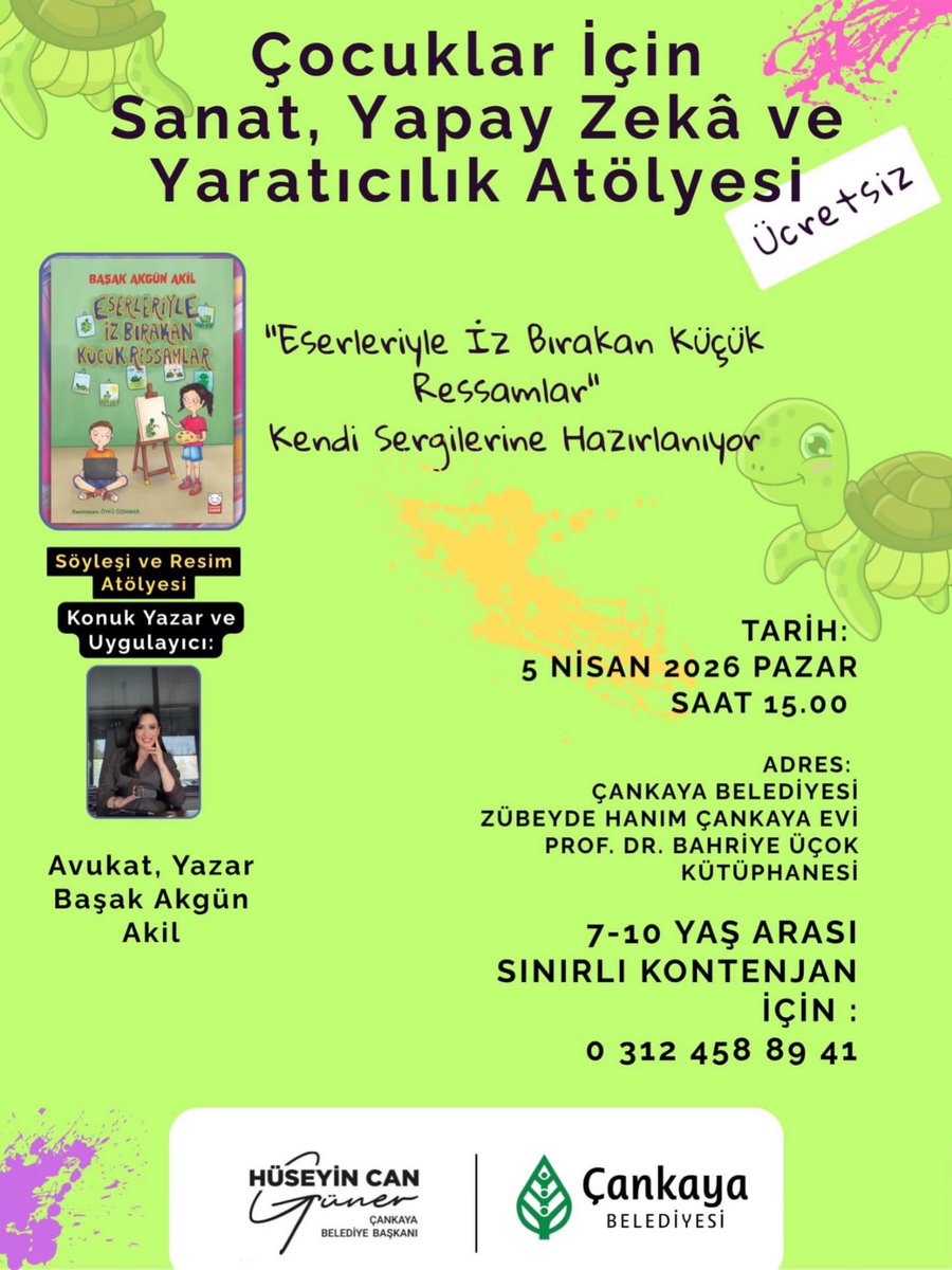 basakgunnn's tweet photo. "Eserleriyle İz Bırakan Küçük Ressamlar" isimli kitapta "Bir hayalim var!" diye yola çıkmıştık, "Günün birinde, yalnızca çocuklara ait bir sergi düzenleyebilmek..." Sergide yer alacak eserler için kitabımızda basit bir tema belirlemiştik, amacımız, aynı konuda dahi çalışsak ne derece özgün olabileceğimizi görebilmekti...
Bu hayalimize ortak olan Çankaya Belediyesi, bu kez kapılarını minik sanatçılarımız için açıyor. 
Yarın çocuklarımızla birlikte;
•Sanat ve özgünlük kavramlarını konuşacak, 🎈
•Kitabımız üzerine sohbet edecek, 🎈
•Yapay zekanın sanat üzerinde kullanımlarını inceleyecek 🎈
•ve akabinde, hepbirlikte resim yapacağız. 🎨

📣Ve müjde!!! 🎈Çocuklarımızın resimleri daha sonra Çankaya Belediyesi tarafından düzenlenecek bir sergide sergilenecek. 🖼️🐢Tıpkı kitabımızda olduğu gibi... ♥️
Çünkü hayat bir hikayedir ve her hikayenin kahramanı çocukluğumuzdur. Hikayemiz, kahramanlarını kendisine eşlik etmeye davet ediyor... 

Eserleriyle İz Bırakan Küçük Ressamlar, kendi sergilerine hazırlanıyor...♥️🐢