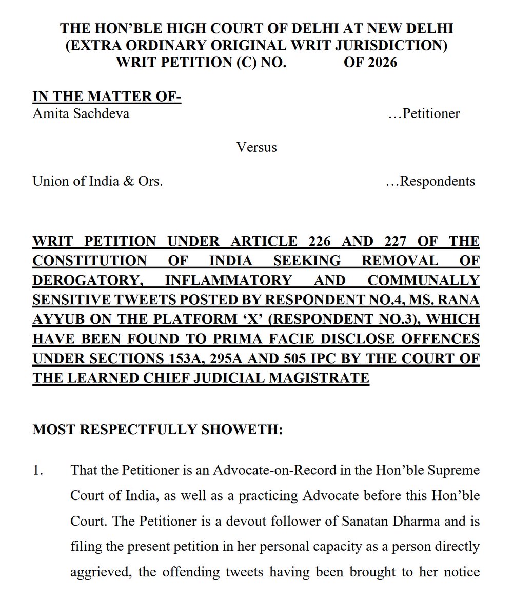 SachdevaAmita's tweet photo. 🚨 Update: Along with the criminal complaint filed against Ms. Rana Ayyub for her defamatory posts targeting Hindu Deities, spreading anti-India hate, and maligning the Indian Army, we have also pursued civil remedies.

A Writ Petition seeking deletion of the offensive posts has been approved, registered, and will now be listed before the Hon'ble High Court of Delhi on 08.04.2026.

Additionally, the Monitoring of Investigation application is also listed on the same date before the Ld. Magistrate's Court.

Until now, Bhagwan Shri Krishna has been doing everything, and He will continue to do so in the future as well. 🙏
#DefendDignity #StandForIndia #RespectFaith