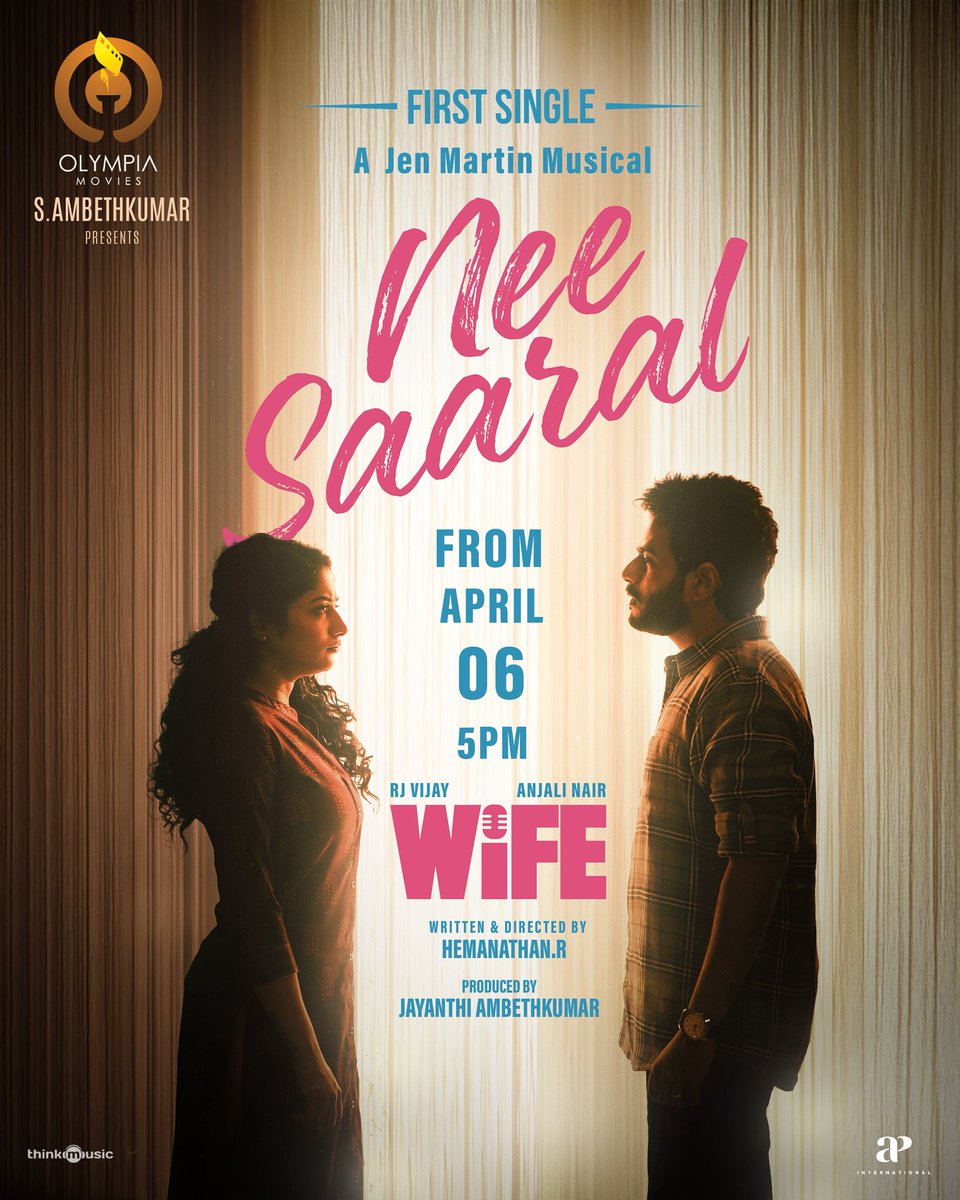 Olympiamovis's tweet photo. The wait melts into melody… 🎶
First single #NeeSaaral from #Wife drops on April 06 at 5 PM ⏳

@RJVijayOfficial @ambethkumarmla @olympiamovis @dir_hemanathan @JenMartinmusic @ianjalinair @Abishek_jg @shakthi_dop @sanjay_cheqba @DPonnuraj @gayathribala21 @sharmaseenu11 https://t.co/hmexfLn2Lv
