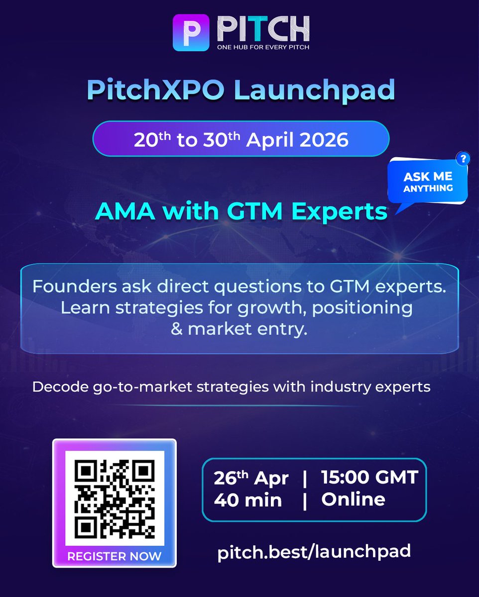PitchXPO's tweet photo. 𝐁𝐮𝐢𝐥𝐝𝐢𝐧𝐠 𝐚 𝐠𝐫𝐞𝐚𝐭 𝐩𝐫𝐨𝐝𝐮𝐜𝐭 𝐢𝐬 𝐨𝐧𝐥𝐲 𝐡𝐚𝐥𝐟 𝐭𝐡𝐞 𝐛𝐚𝐭𝐭𝐥𝐞.
𝐆𝐞𝐭𝐭𝐢𝐧𝐠 𝐢𝐭 𝐢𝐧 𝐟𝐫𝐨𝐧𝐭 𝐨𝐟 𝐭𝐡𝐞 𝐫𝐢��𝐡𝐭 𝐦𝐚𝐫𝐤𝐞𝐭 — 𝐭𝐡𝐚𝐭’𝐬 𝐰𝐡𝐞𝐫𝐞 𝐦𝐨𝐬𝐭 𝐟𝐨𝐮𝐧𝐝𝐞𝐫𝐬 𝐬𝐭𝐫𝐮𝐠𝐠𝐥𝐞.

From positioning and distribution to timing your entry right, go-to-market is what separates traction from stagnation.

𝐓𝐡𝐢𝐬 𝐀𝐌𝐀 𝐰𝐢𝐭𝐡 𝐆𝐓𝐌 𝐞𝐱𝐩𝐞𝐫𝐭𝐬 𝐢𝐬 𝐝𝐞𝐬𝐢𝐠𝐧𝐞𝐝 𝐭𝐨 𝐜𝐮𝐭 𝐭𝐡𝐫𝐨𝐮𝐠𝐡 𝐭𝐡𝐞 𝐧𝐨𝐢𝐬𝐞:
• Ask direct questions and get real, practical answers
• Learn strategies for growth, positioning, and market entry
• Understand what actually works when scaling
• Avoid costly mistakes that slow you down

No fluff. No theory-heavy talk. Just actionable insights from people who’ve done it.

If you’re serious about growth and want clarity on your GTM strategy, this is where you need to be.

📅 26th April
⏰ 15:00 GMT | 40 mins | Online

Part of PitchXPO Launchpad (20th–30th April) — where ideas meet execution.

R𝐞𝐠𝐢𝐬𝐭𝐞𝐫 𝐡𝐞𝐫𝐞: https://t.co/UtxVZa0NJJ

#PitchXPO #GoToMarket #Startups #GrowthStrategy #Founders #StartupGrowth #Entrepreneurship #ScalingUp #MarketingStrategy #BuildInPublic