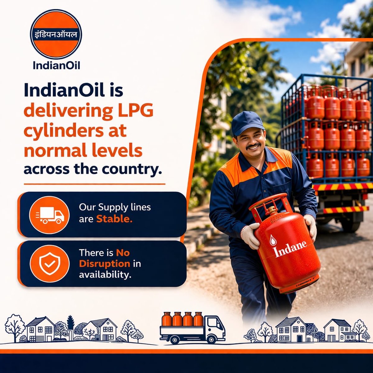 IndianOilcl's tweet photo. Delivering Trust. Powering Homes
IndianOil is ensuring seamless LPG supply across the country with stable supply lines and zero disruption in availability.
Our teams remain on-ground, round-the-clock, so every kitchen continues to run without a pause.
Because when it comes to your home, we are always on duty.
#IndianOil #OnDutyAlways #EnergyOfIndia #staycalmindia 
@HardeepSPuri @PetroleumMin @neerajmittalias @secretary_moPNG @ChairmanIOCL @sahneyas