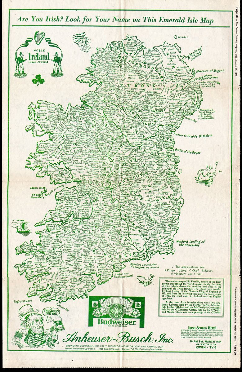 Vintage Budweiser advertisement titled "Noble Ireland Island of Kings" - published March 1980. The map highlights Irish surnames and cultural landmarks.