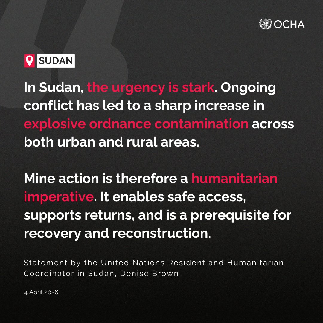 UNOCHA_Sudan's tweet photo. On this International Day for Mine Awareness and Assistance in Mine Action, the Humanitarian Coordinator in Sudan, Denise Brown, underscores that mine action is a humanitarian imperative to save lives, enable aid &amp; support recovery.

🔗Full statement: https://t.co/Hf9r1oC2kp https://t.co/7oLG7NnP1a