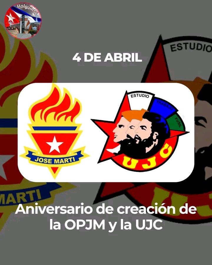 El 4 de abril de 1962 #FidelPorSiempre funda la <a href="/UJCdeCuba/">UJC de Cuba</a>, exactamente un año después de la creación de la <a href="/OPJMCuba/">OPJM Cuba</a>. 
Desde #HolguínSí le enviamos sinceras felicitaciones, a todos los miembros de estás dos organizaciones,en especial a los de nuestra provincia. #IzquierdaLatina.