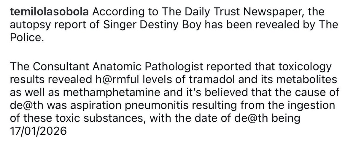 Realgossiper0's tweet photo. The autopsy report of destiny boy has been revealed by Police.

Instinct Tramadol Destiny Boy Northerners Mohbad Water Spirit https://t.co/QHekKjxO99