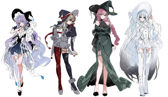 自創作魔女4人のキャラデザできた!!!可愛い!!!!