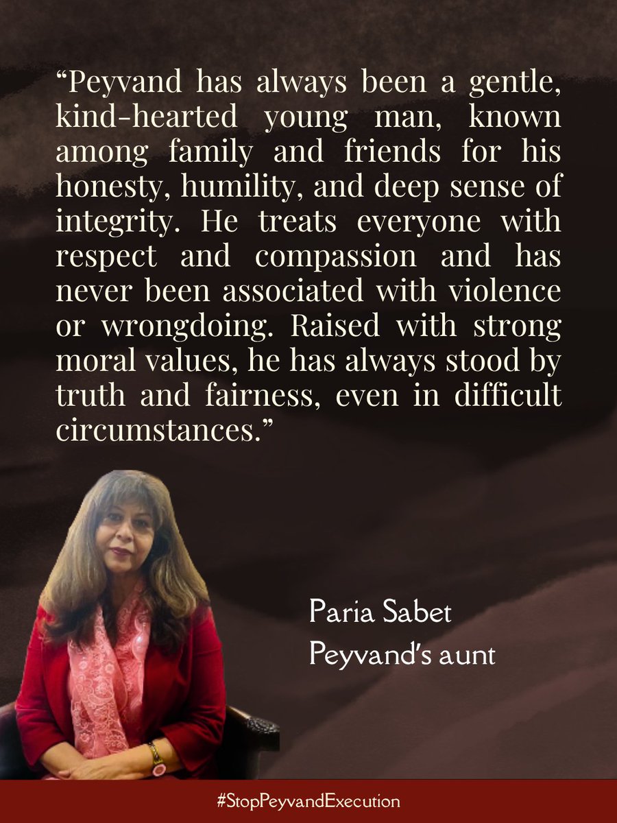 Rightsopaindia's tweet photo. For Ms. Paria Sabet the crisis is urgent &amp; deeply personal. She has appealed to the Indian media &amp; govt authorities to take urgent steps to exert pressure on the Iranian govt to halt the persecution and possible execution of her nephew. #PeyvandNaimi #StopPeyvandExecution https://t.co/tD5HT9u0Rm