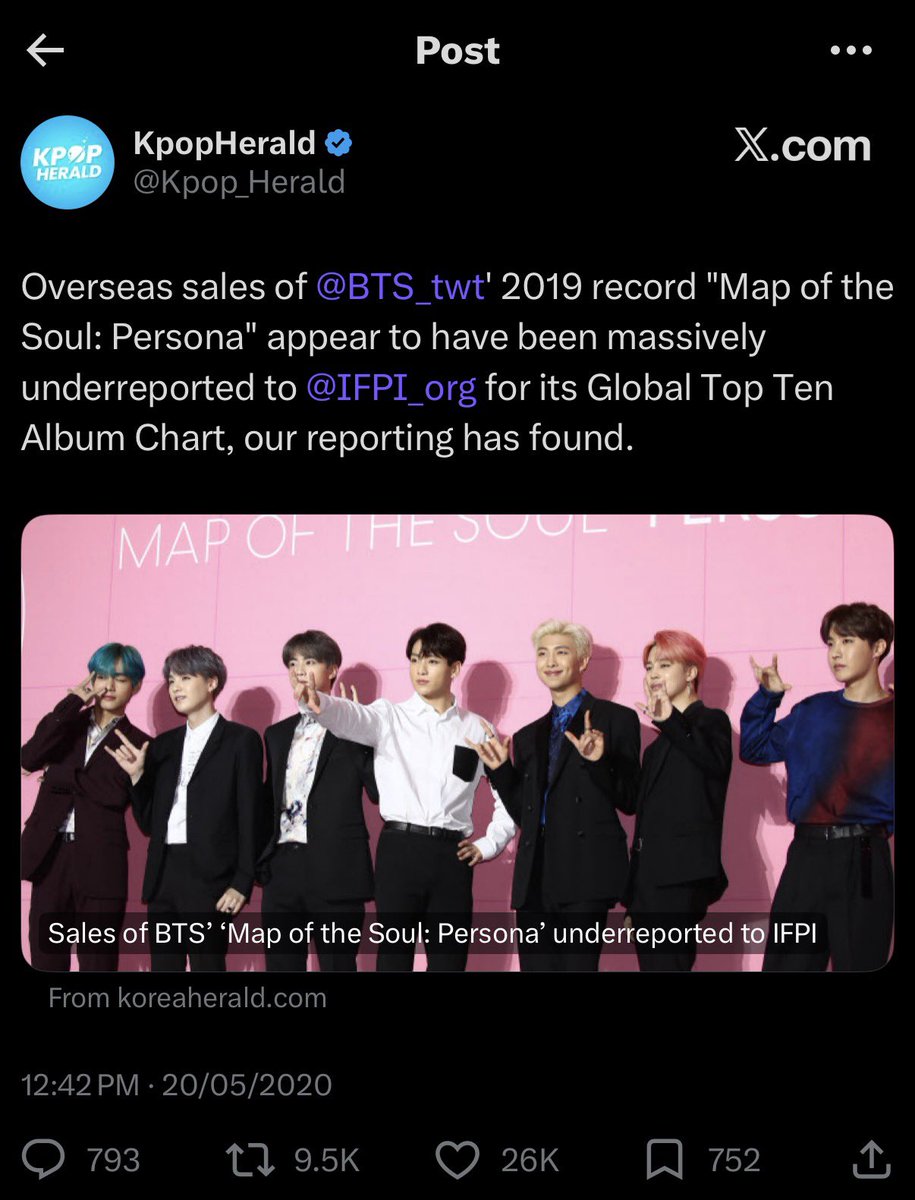 GENIUS9N's tweet photo. the funny thing about this IFPI thing is BTS had the exact same problem back in 2020. so accusing her of lying and faking her album sales is like saying BTS faked their album Map of the soul:persona sales. 

and BTW they were under Columbia Records when they released the album. https://t.co/uQXwuHIZuu