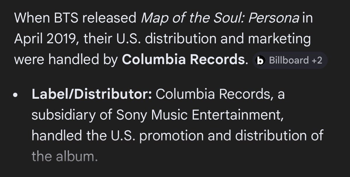 GENIUS9N's tweet photo. the funny thing about this IFPI thing is BTS had the exact same problem back in 2020. so accusing her of lying and faking her album sales is like saying BTS faked their album Map of the soul:persona sales. 

and BTW they were under Columbia Records when they released the album. https://t.co/uQXwuHIZuu