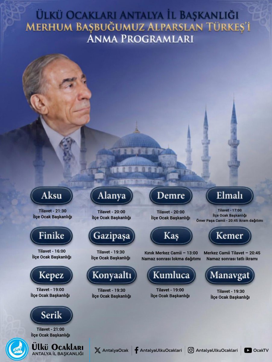 omerfarukyildrm's tweet photo. Ülkü Ocakları Antalya İl Başkanlığı olarak, merhum Başbuğumuz Alparslan Türkeş’i vefatının yıl dönümünde dualarla yâd ederek, Kur’an-ı Kerim tilaveti gerçekleştirilecek ve ruhuna ithafen ilçe ocaklarımızca ikramlarda bulunulacaktır.

@ayyildirim1
@AntalyaOcak https://t.co/vR8v14RSx6