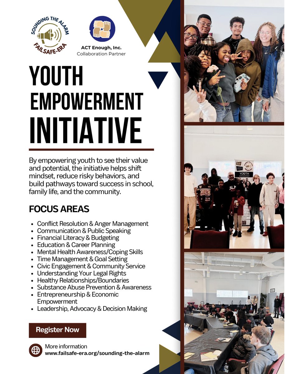 FailSafe_ERA's tweet photo. Give your child the tools they need to succeed—both in and out of the classroom. Our Youth Empowerment Initiative is designed to help young people build confidence, develop life skills, and make positive choices for their future.

#SoundingTheAlarm #FailsafeERA #ACTenough https://t.co/Hg3RGkMEgL