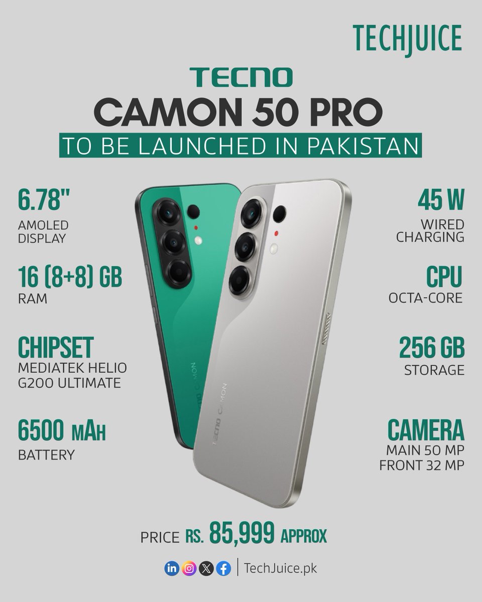 TechJuicePk's tweet image. Tecno Camon 50 Pro Launching in Pakistan
Tecno is set to launch the Camon 50 Pro in Pakistan, featuring a 6.78” AMOLED display, 16GB RAM, and a powerful MediaTek Helio G200 chipset. The device also packs a massive 6500mAh battery with 45W fast charging.

#techjuice #tecno
