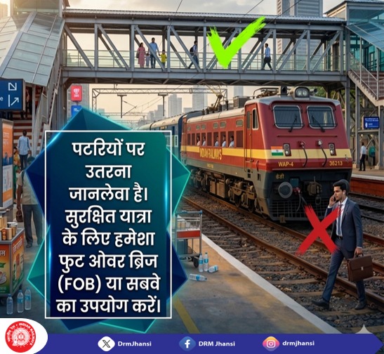 DrmJhansi's tweet photo. 🚆 पटरियों पर चलना या पार करना जोखिम भरा है — एक छोटी सी लापरवाही बड़ा हादसा बन सकती है।
अपनी सुरक्षा के लिए हमेशा फुट ओवर ब्रिज (FOB) या सबवे का ही उपयोग करें।
सुरक्षित रहें, सतर्क रहें!
#RailwaySafety #StaySafe #UseFOB #PassengerSafety #IndianRailways https://t.co/JpadztJSKQ