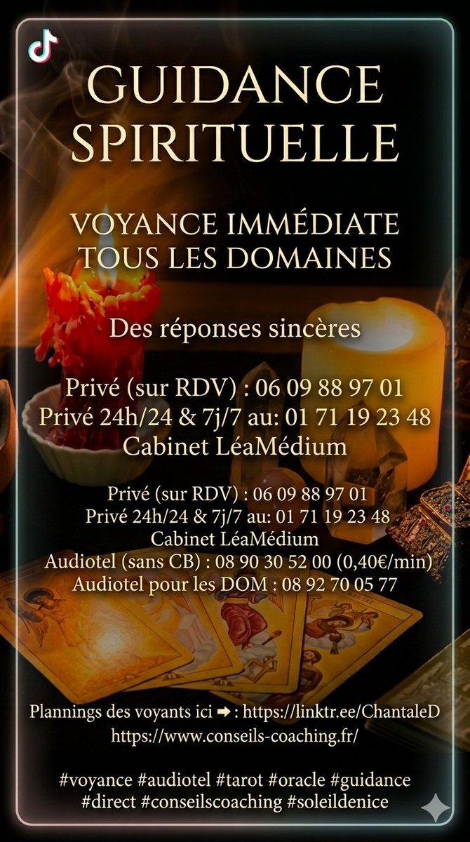 VOYANCE IMMÉDIATE Besoin de savoir ? En privé Forfait à partir de 25€ (RDV) au : 06 09 88 97 01 Audiotel sans CB : 08 90 30 52 00 (0,40€/min) DOM : 08 92 70 05 77 Que votre journée soit lumineuse ! linktr.ee/ChantaleD #chantale #voyance #soleildenice #lumieres #destins