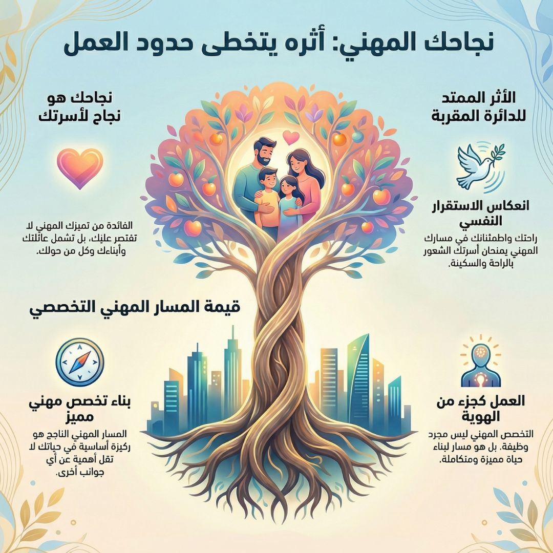 بناء حياة مهنية مميزة، ومسار تخصصي في حياتك، لا يقل أهمية عن اهتماماتك الأخرى لجوانب حياتك المختلفة . 
.
.
حياتك المهنية لا تقتصر فائدتها عليك فقط !! بل تشمل كل من له علاقة قريبة منك ( أسرتك ، أبناءك ، . . .
.
.
نجاحك هو نجاح لهم، وراحتك هي راحة لهم، واطمئنانك اطمئنان لهم .